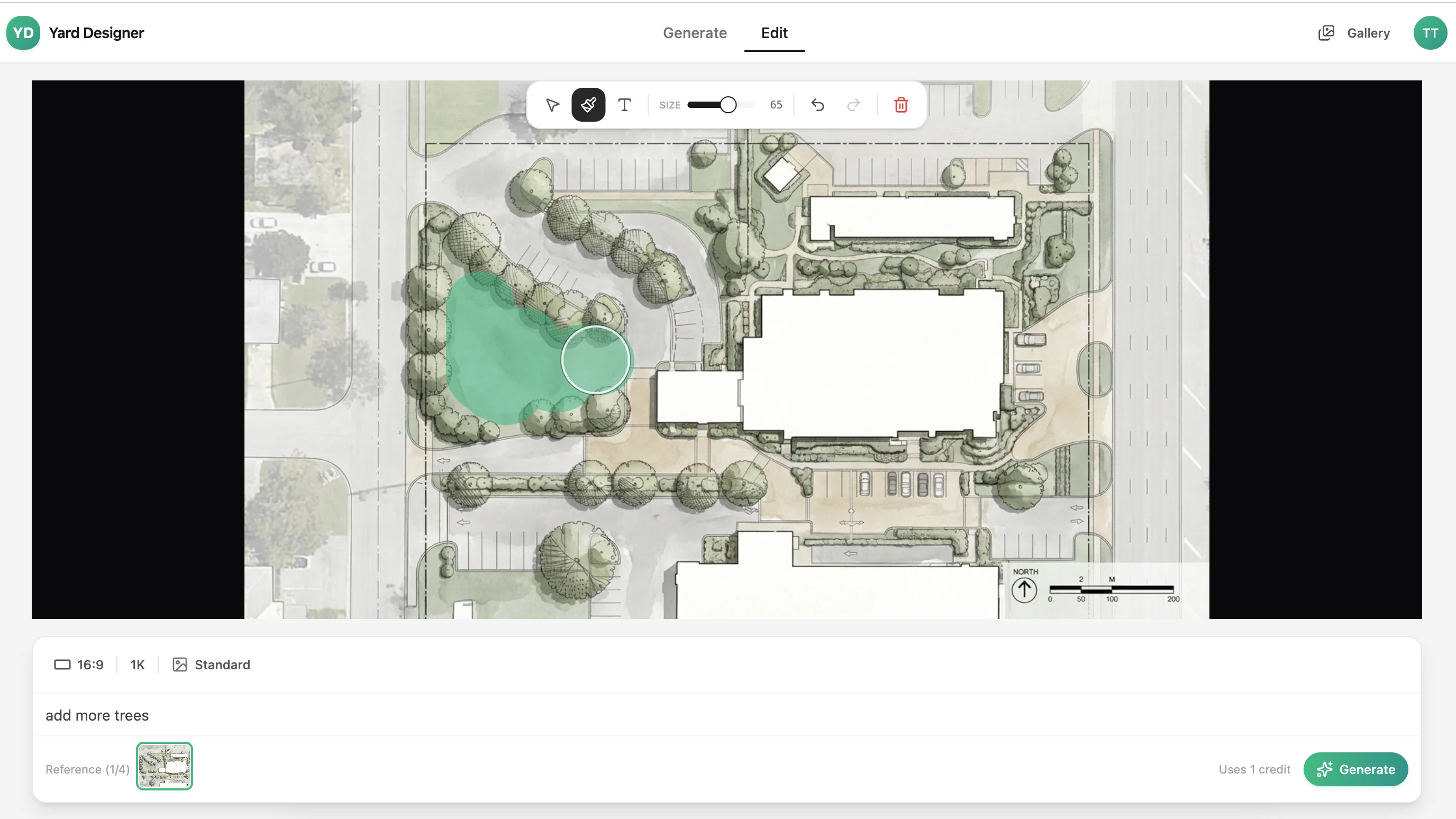 Yard Designer application interface showing AI-powered landscape design tools with canvas editing and prompt input